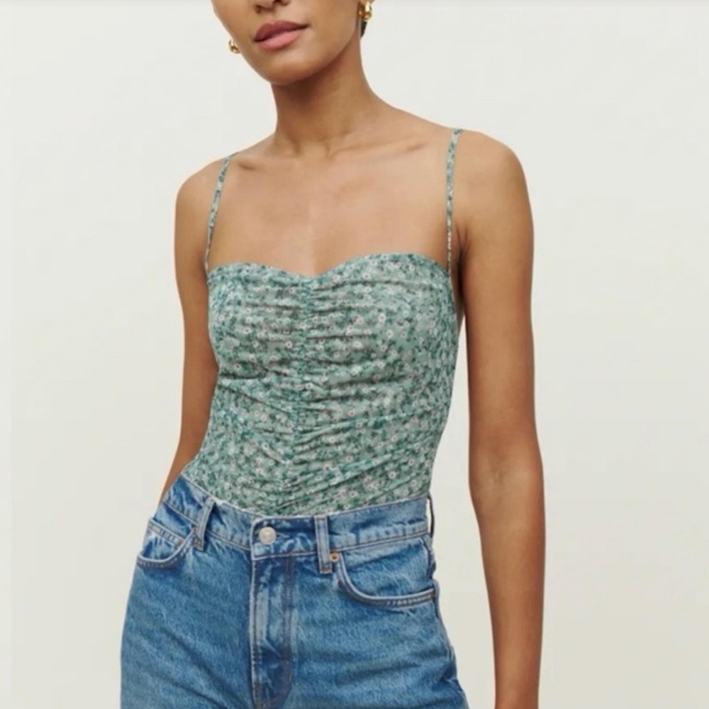 Reformation Kynlee Knit Mesh Top, Ruched, Green Floral